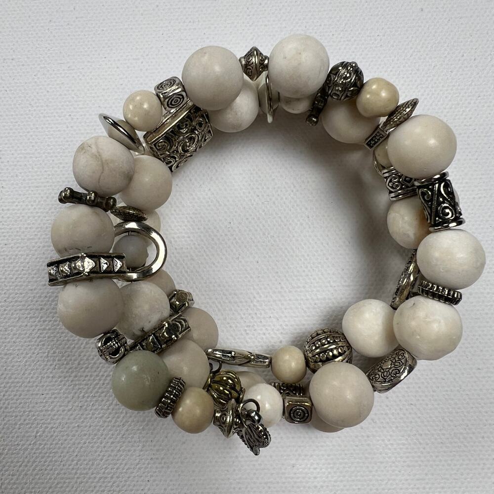 Handmade coil Beaded bracelet Chalky White Silver Tone Leaf End Caps